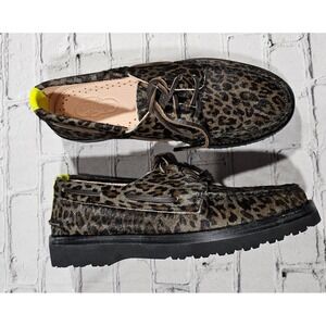 Sperry Boat Shoes MENS 8.5 Leopard Calf Hair STS22875 Vibram Lug Sole Brown Neon